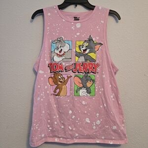 Tom and Jerry Pink M Womens Sleeveless TShirt Graphic Print White Paint Splatter